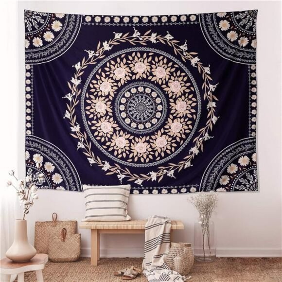 Boho Mandala Tapestry Wall Hanging Floral Pink Rose Hippie Room Decor - Picture 3 of 8
